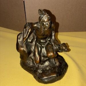 Vintage Bronze Native American Indian Hunting with Dog Book Bookend